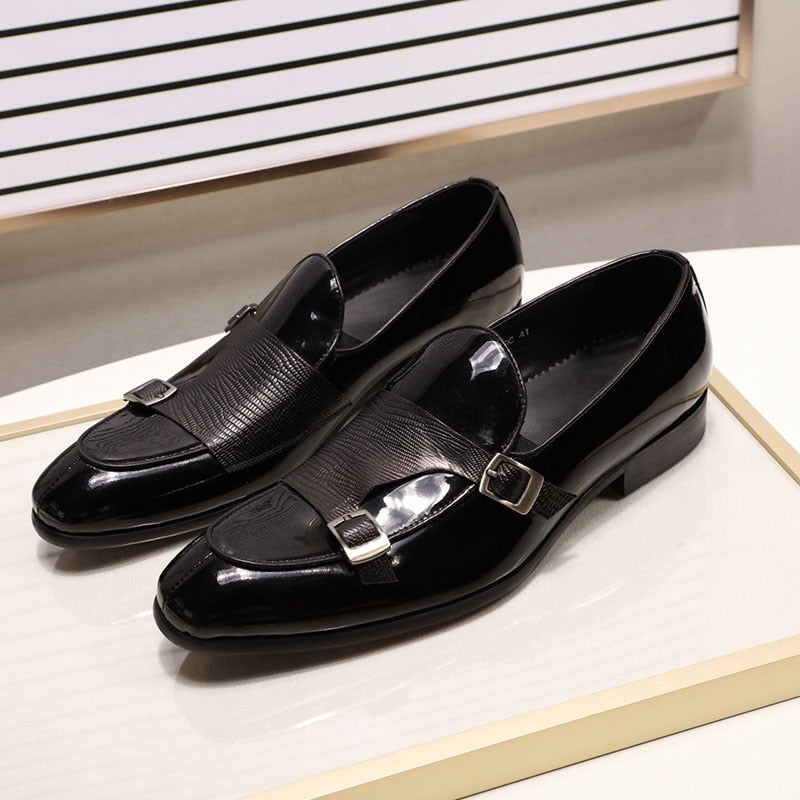 Patent Leather with Textured Monk Strap Design Men Loafers Shoes