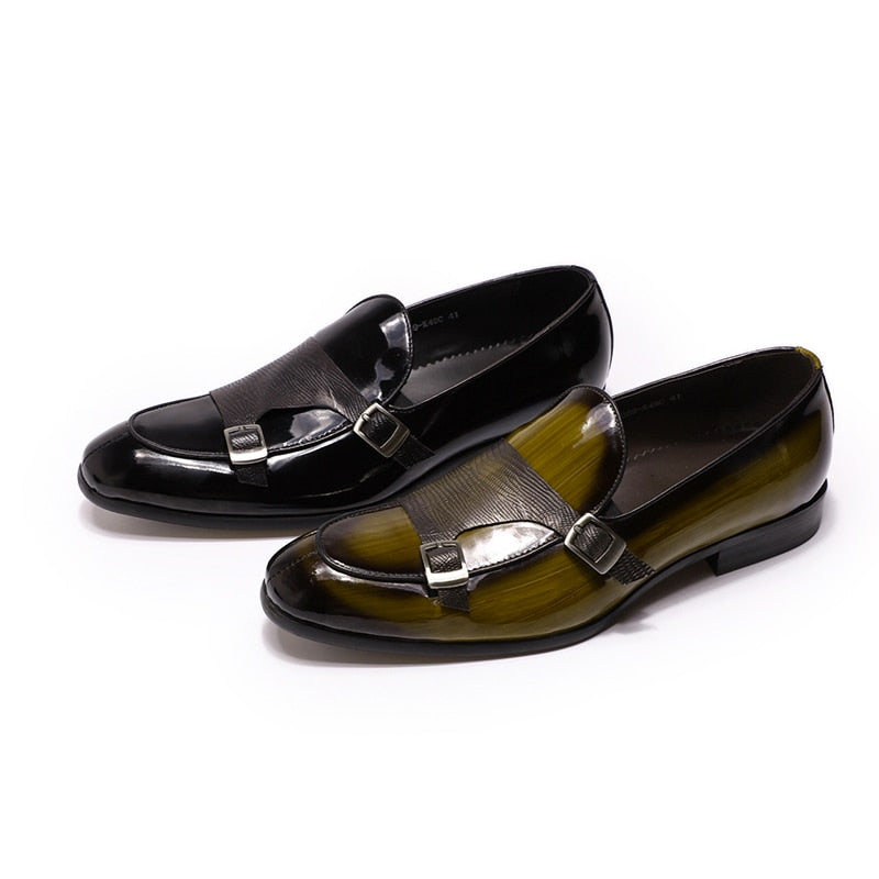 Patent Leather with Textured Monk Strap Design Men Loafers Shoes