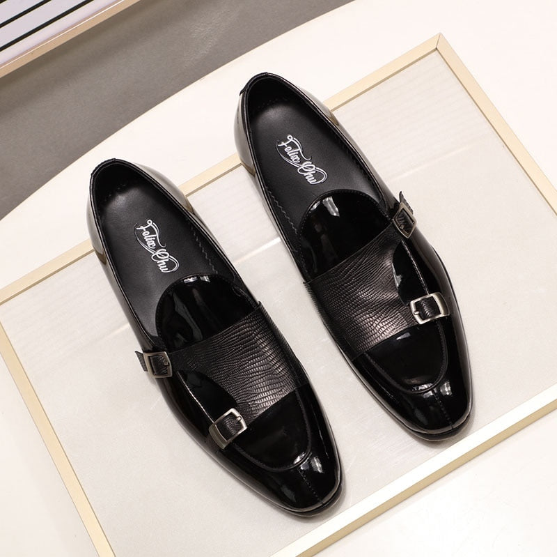 Patent Leather with Textured Monk Strap Design Men Loafers Shoes
