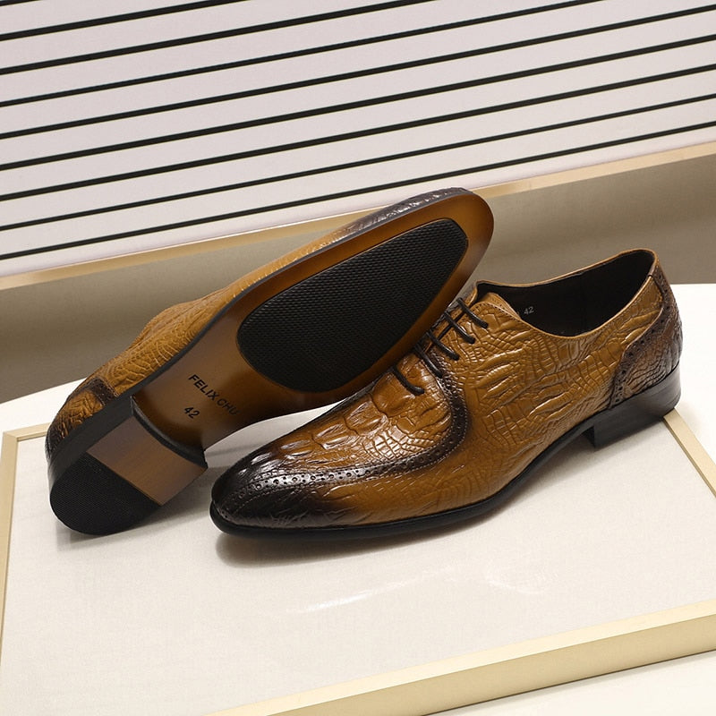 Pointed Toe Black Brown Crocodile Pattern Design Men Shoes