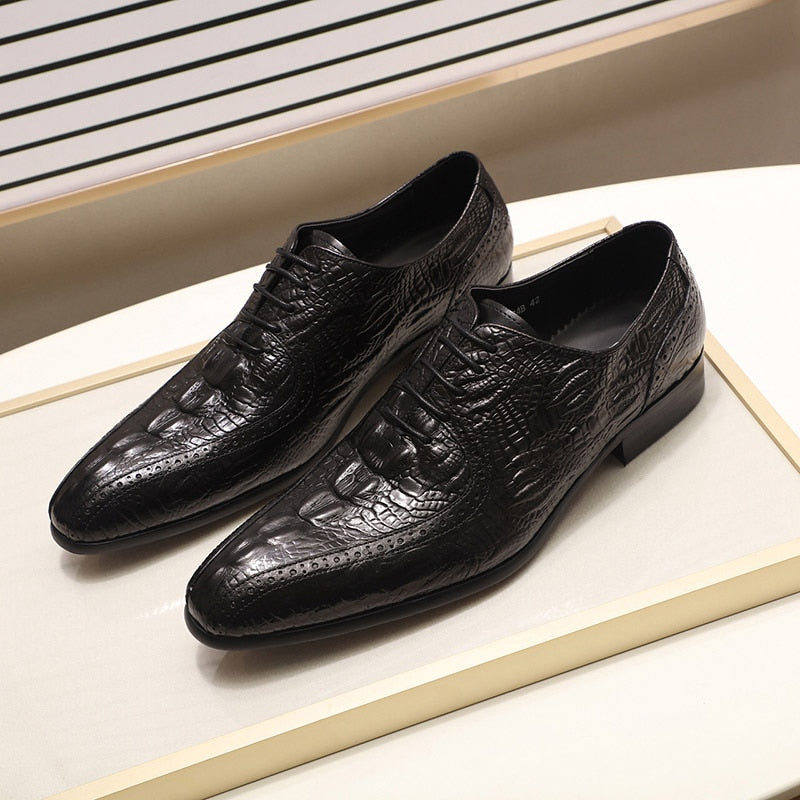 Pointed Toe Black Brown Crocodile Pattern Design Men Shoes