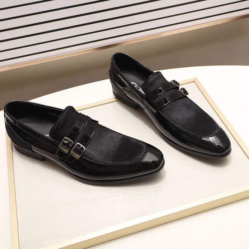 Double Buckles Patent Leather Casual Men Shoes