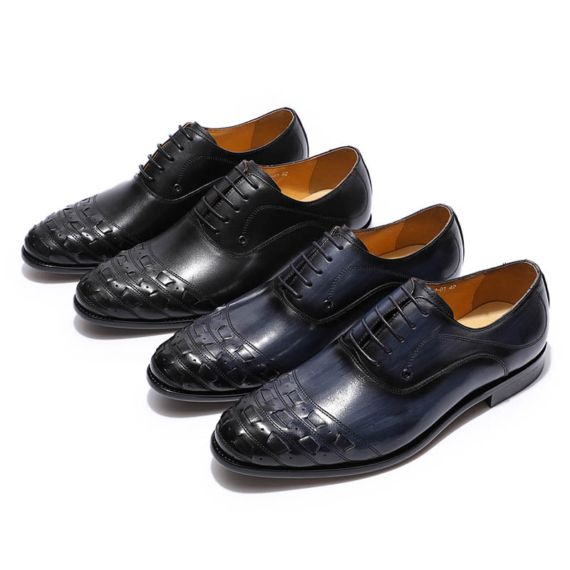 Plait and Hand Painted Pattern Round Toe Men Oxford Leather Shoes