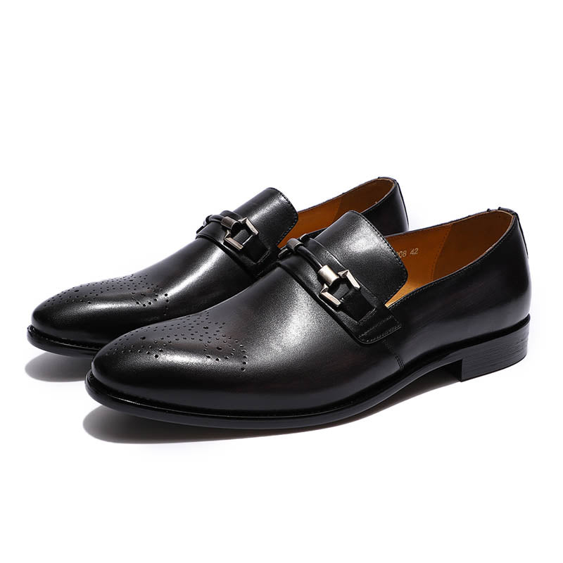 Metal Chain Buckle Medallion Perforated Toe Men Leather Loafer Shoes