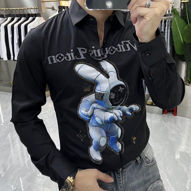 Space Rabbit Printed Black Shirt