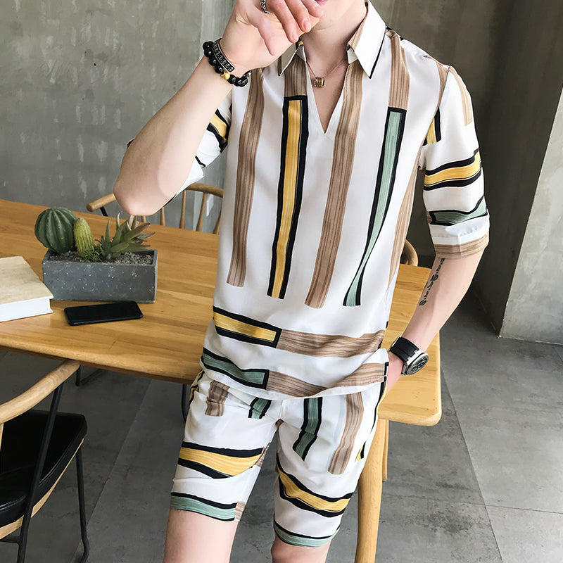 Colorful Stripe Men Shirts And Short Pants Set - FanFreakz