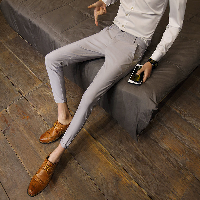 Solid Color Business Style Men Skinny Slim Fit Calf Trouser