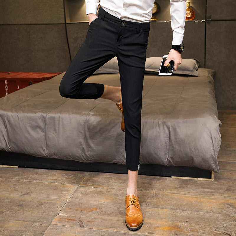 Solid Color Business Style Men Skinny Slim Fit Calf Trouser
