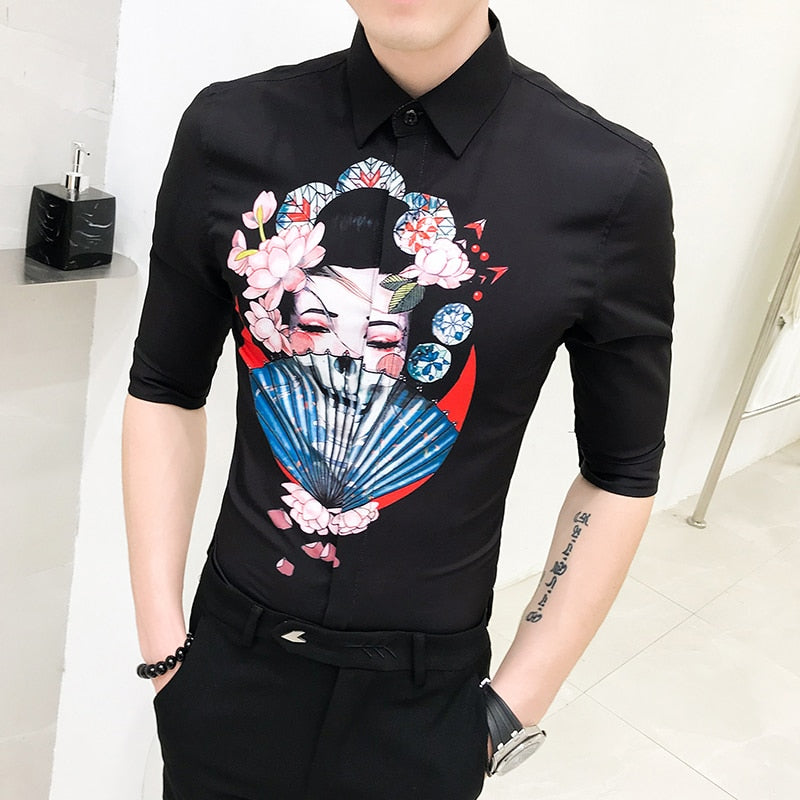 Japanese Beauty Lady Print Men Slim Fit Shirt