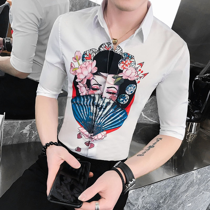 Japanese Beauty Lady Print Men Slim Fit Shirt