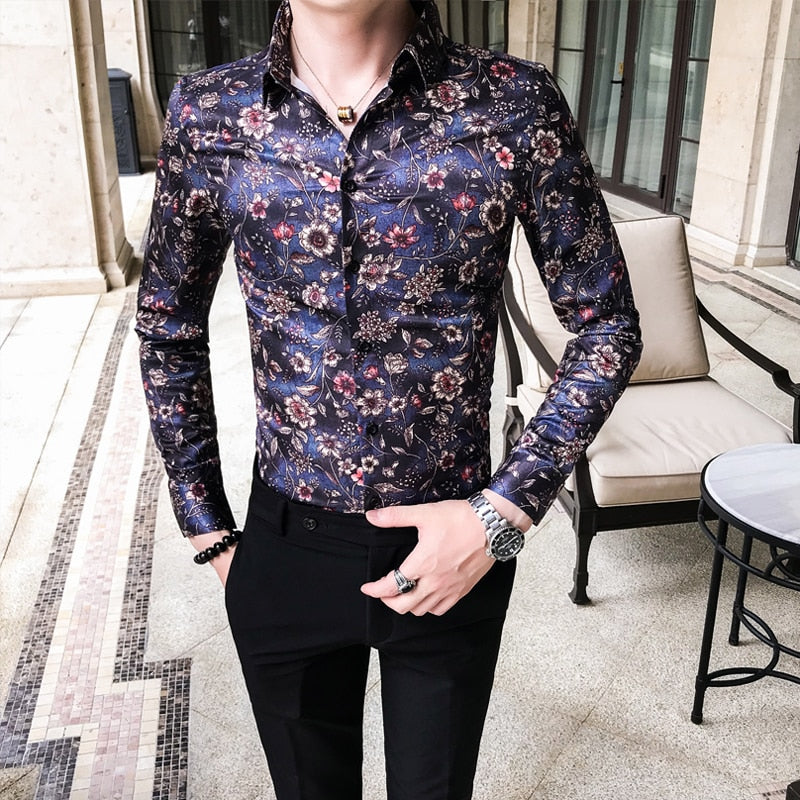 Floral Bloom Print Slim Fit Style Men Long Sleeves Shirts