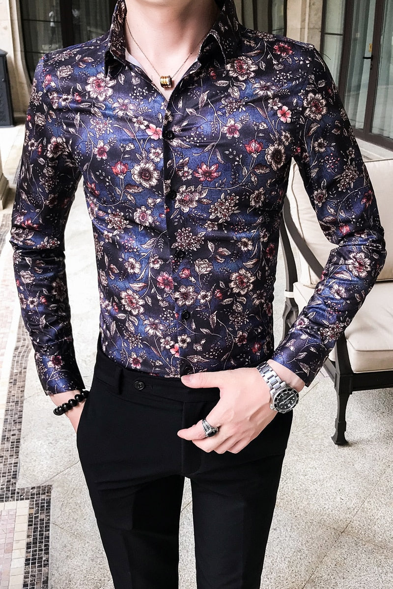 Floral Bloom Print Slim Fit Style Men Long Sleeves Shirts