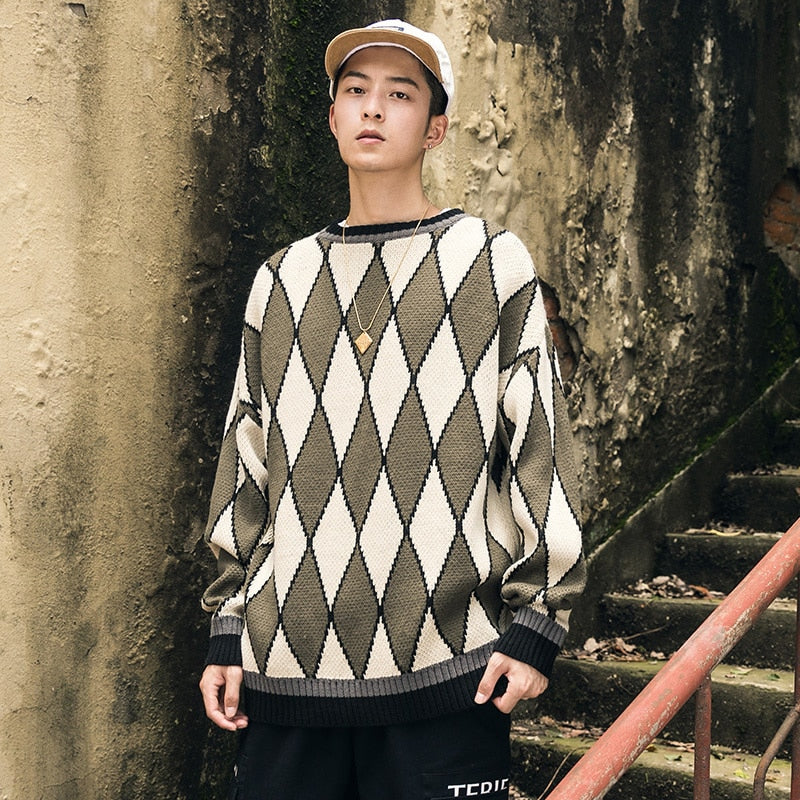 Warm Geometric Vintage Loose Knitted Pullovers Style Men Sweater