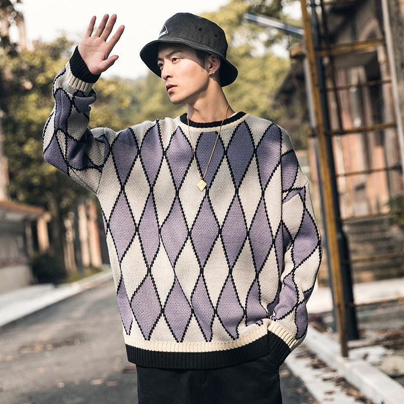Warm Geometric Vintage Loose Knitted Pullovers Style Men Sweater
