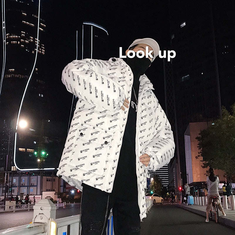 Cotton Padded Outerwear with Letter Printing Men Hooded Jacket - FanFreakz