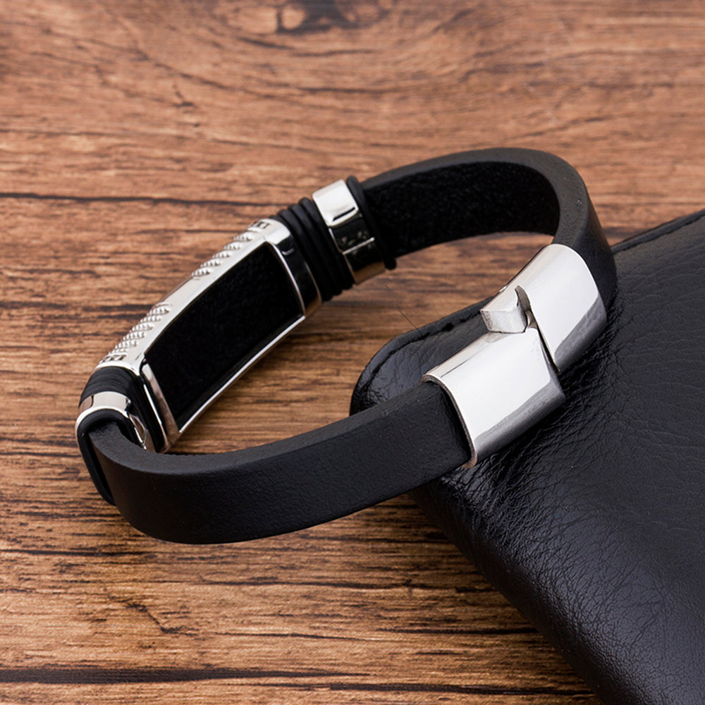 Simple Geometric Stainless Steel Black Leather Men Bracelet