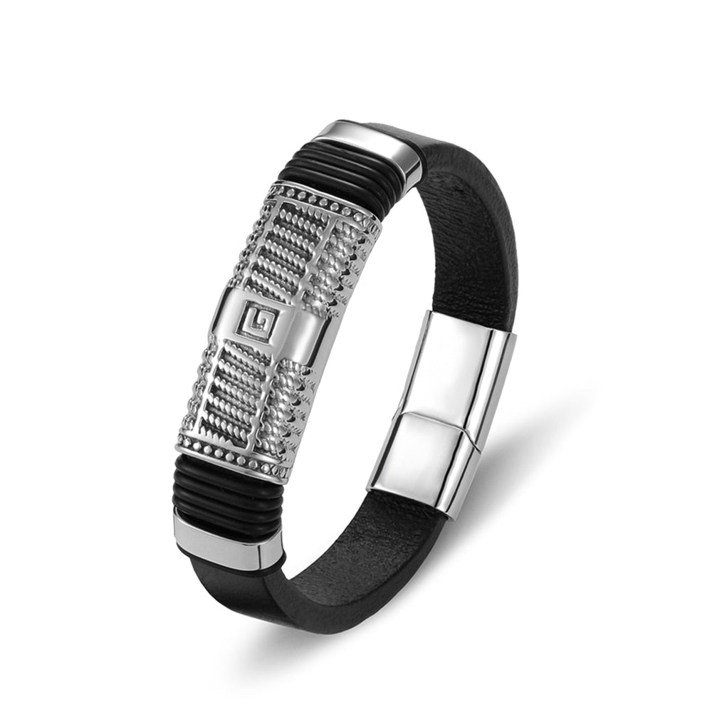 Simple Geometric Stainless Steel Black Leather Men Bracelet