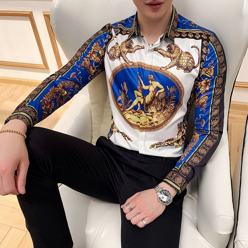 White Blue Painting Print Slim Fit Style Men Shirt