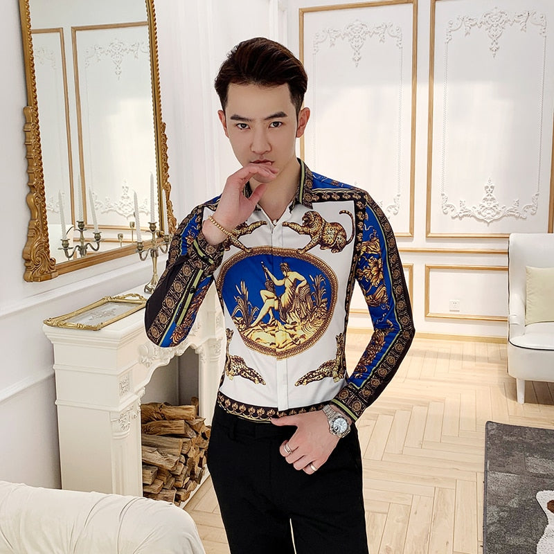 White Blue Painting Print Slim Fit Style Men Shirt