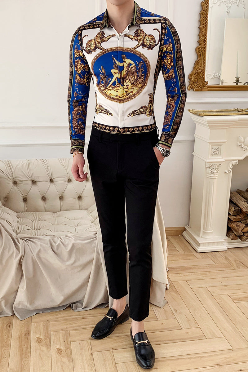 White Blue Painting Print Slim Fit Style Men Shirt