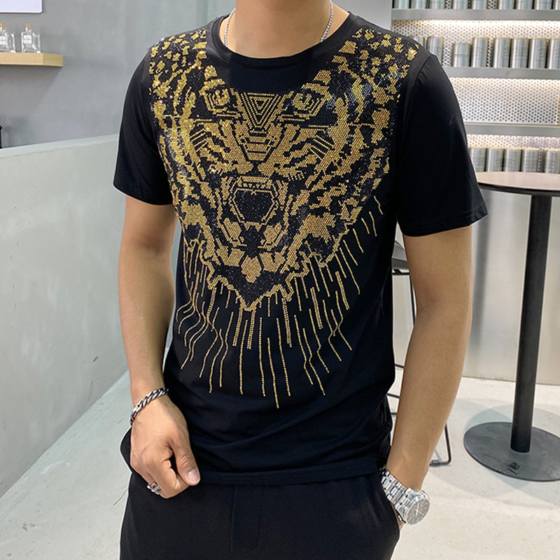 Golden Sequin Tiger Head Pattern Men T-Shirt