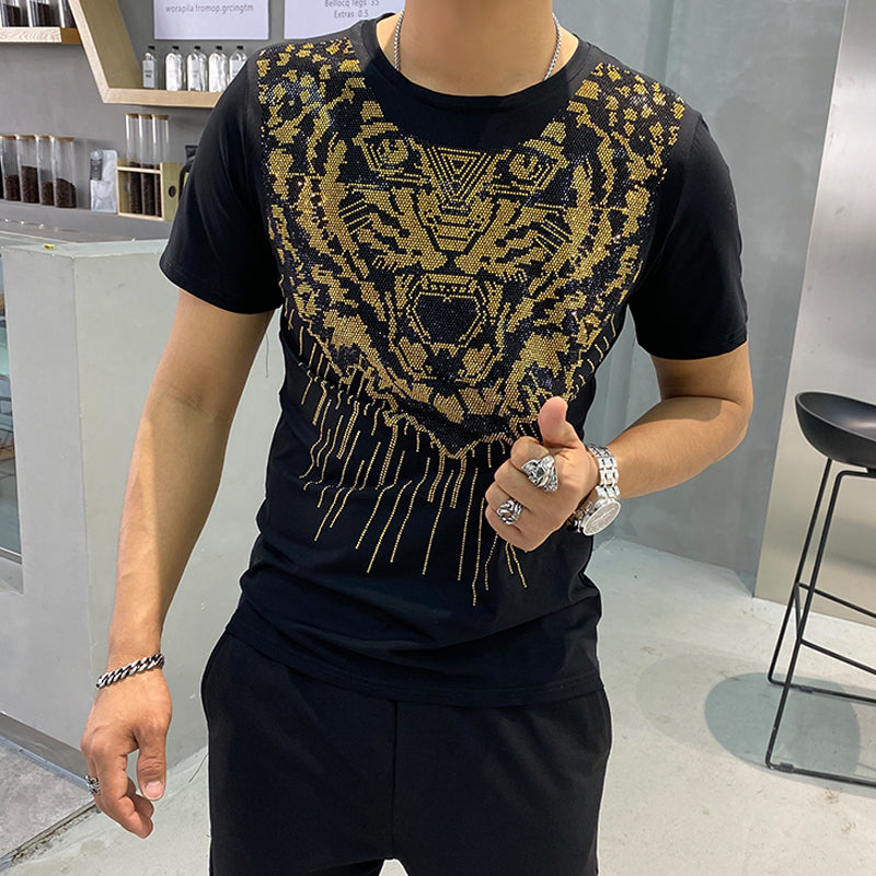 Golden Sequin Tiger Head Pattern Men T-Shirt