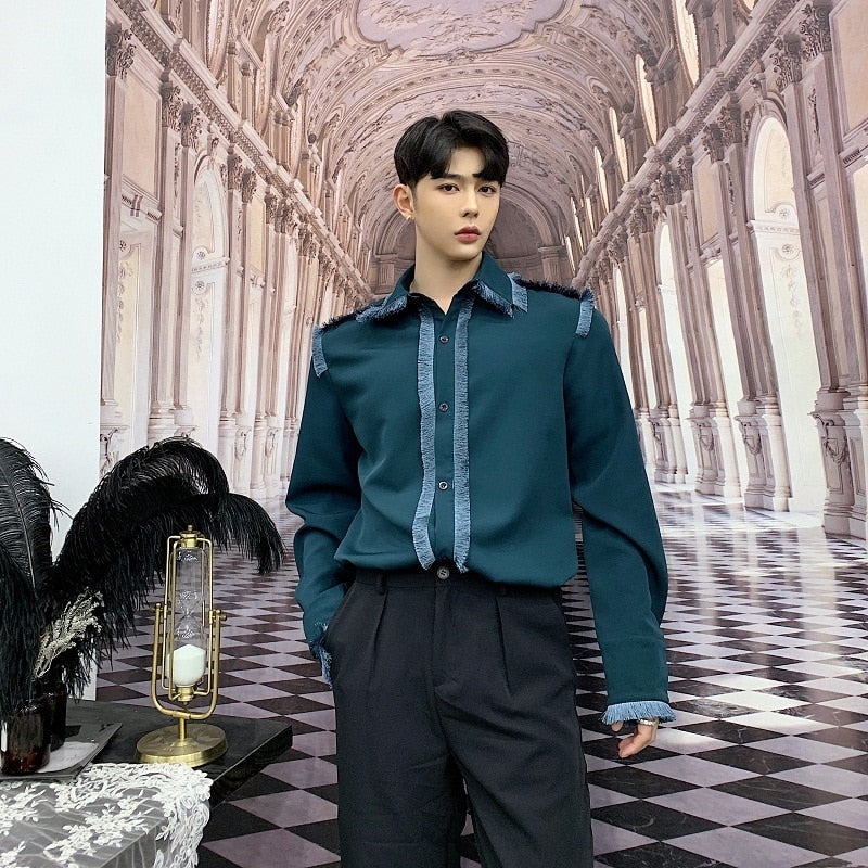 Vintage Tasseled Button Line Detail Men Shirts