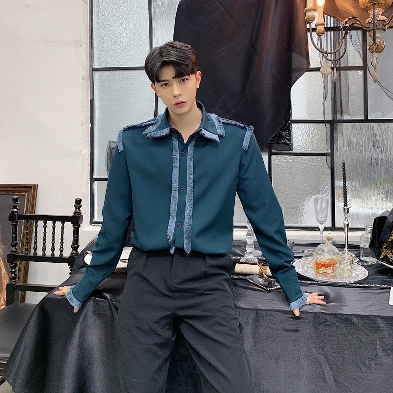 Vintage Tasseled Button Line Detail Men Shirts