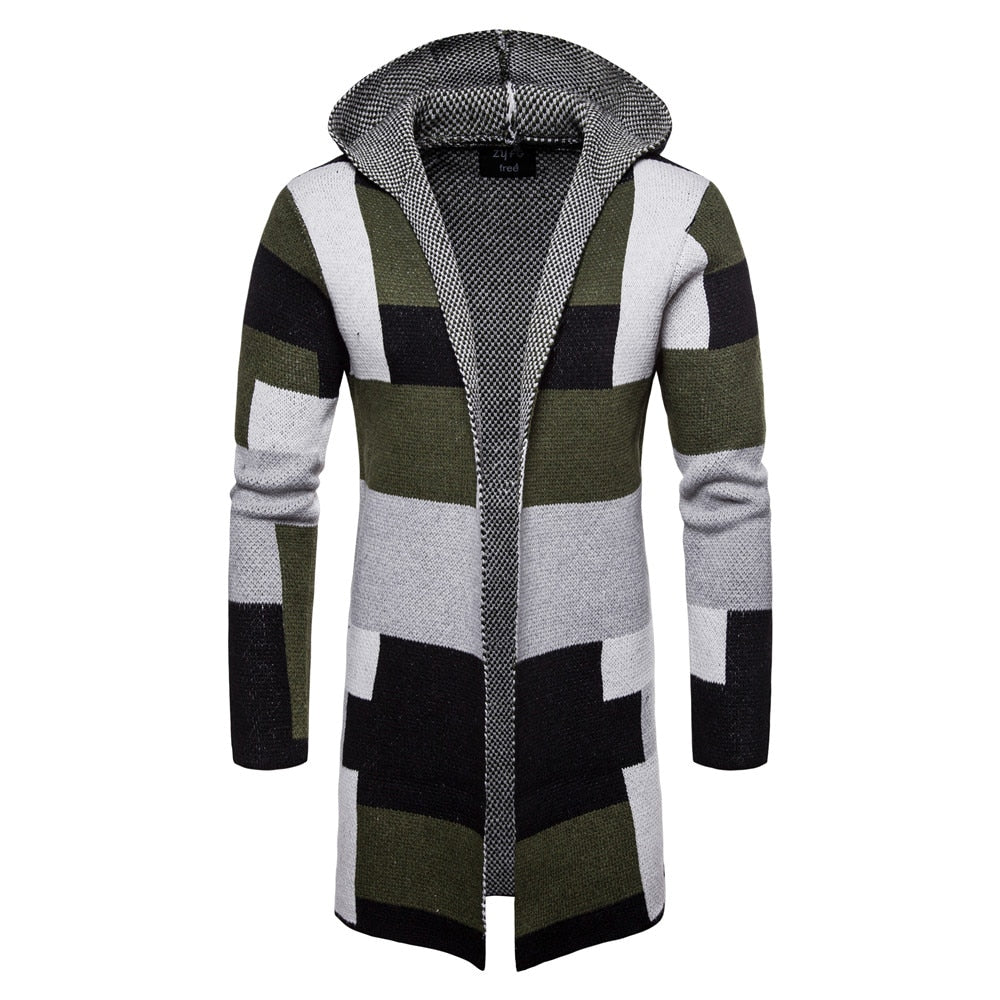 Plaid Thick Slim Hooded Knitted Style Men Cardigan