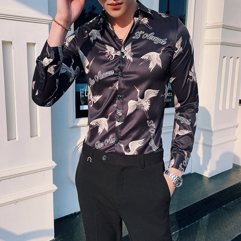 New Flamingo Pattern Printing Slim Fit Men Shirts