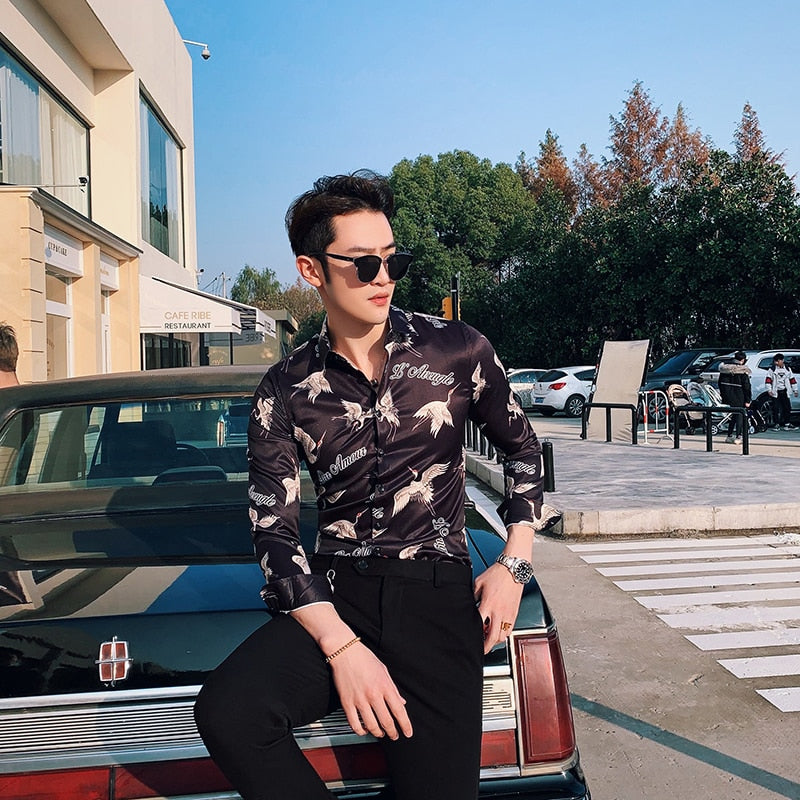 New Flamingo Pattern Printing Slim Fit Men Shirts