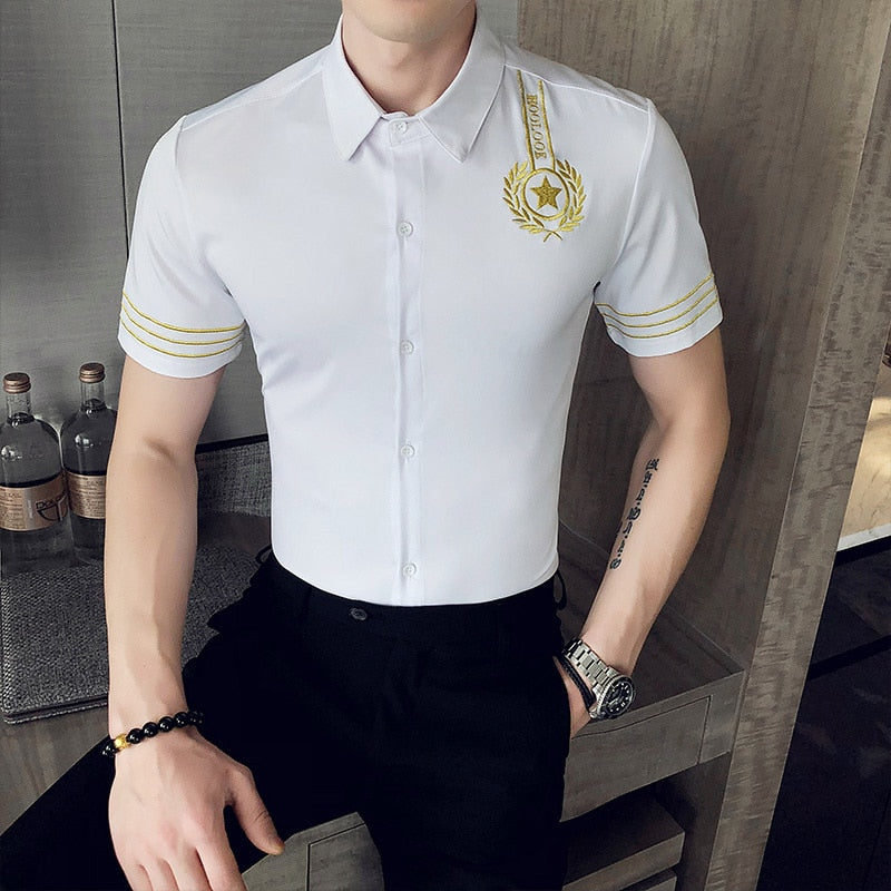 Fashion Luxury Gold Embroidery Men Slim Fit Dress Shirt