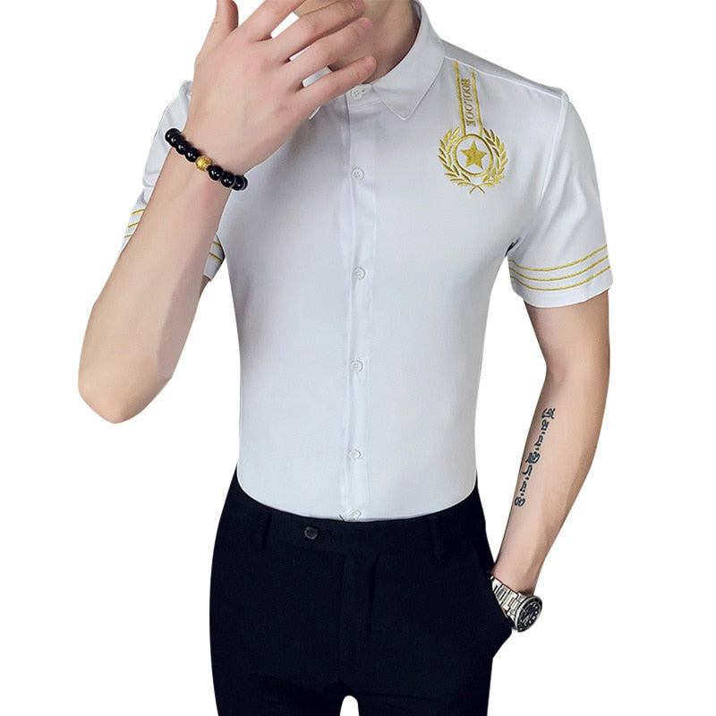 Fashion Luxury Gold Embroidery Men Slim Fit Dress Shirt