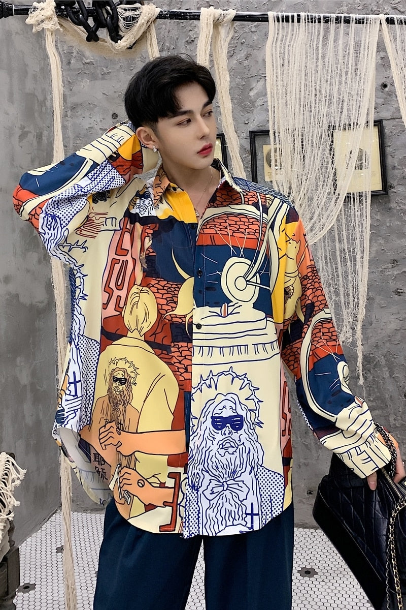 Colourful Printing British Style Loose Style Men Long Sleeves Shirt - FanFreakz