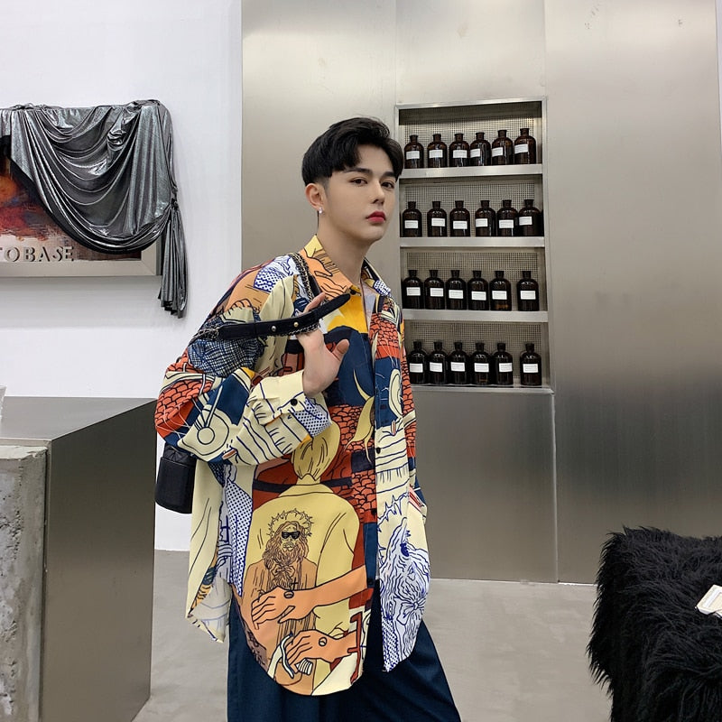 Colourful Printing British Style Loose Style Men Long Sleeves Shirt - FanFreakz