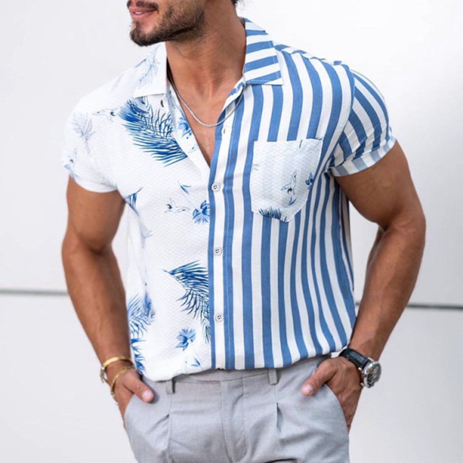 Printed Striped And Feather Short Sleeve Shirt