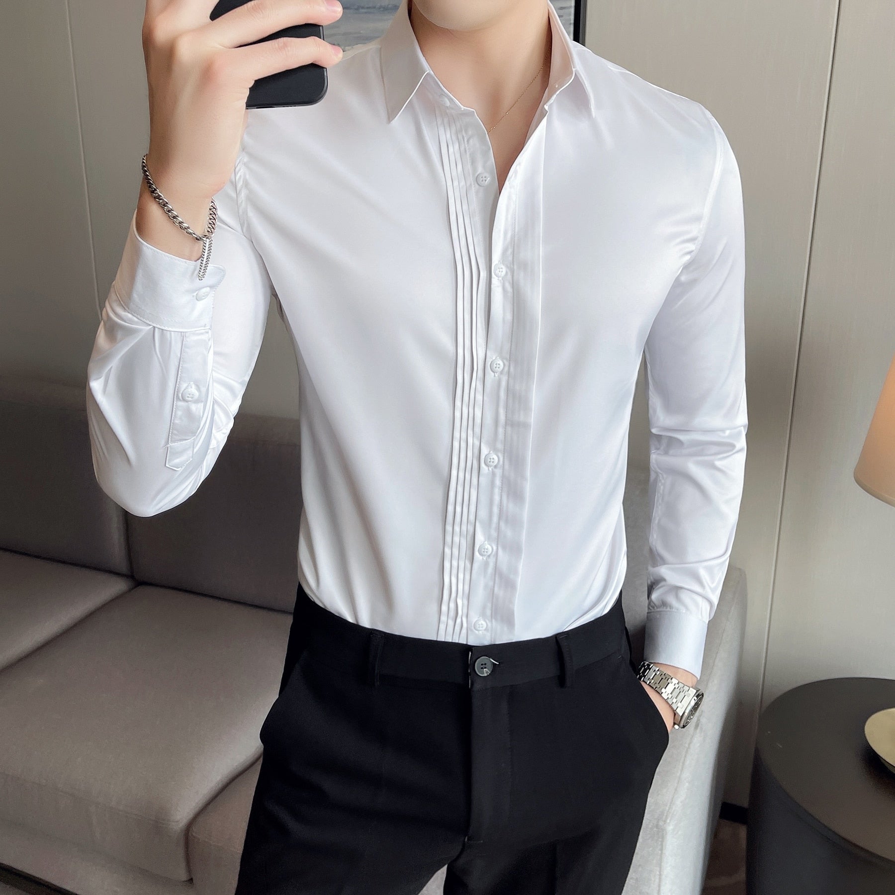 Simple Middle Chest Fold Design Slim Fit Shirt