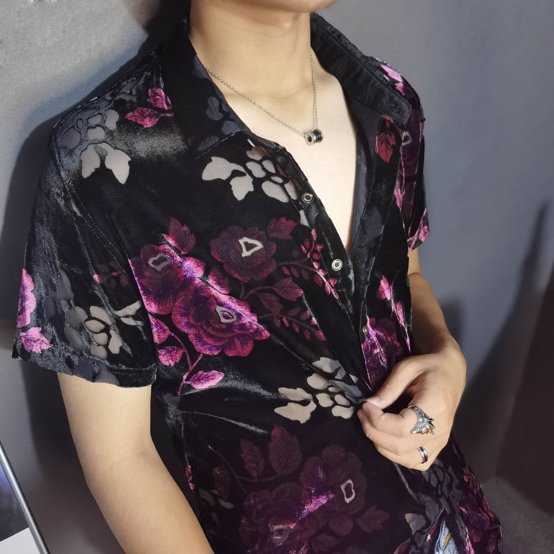 Transparent Purple Floral Masculine Velvet Shirt