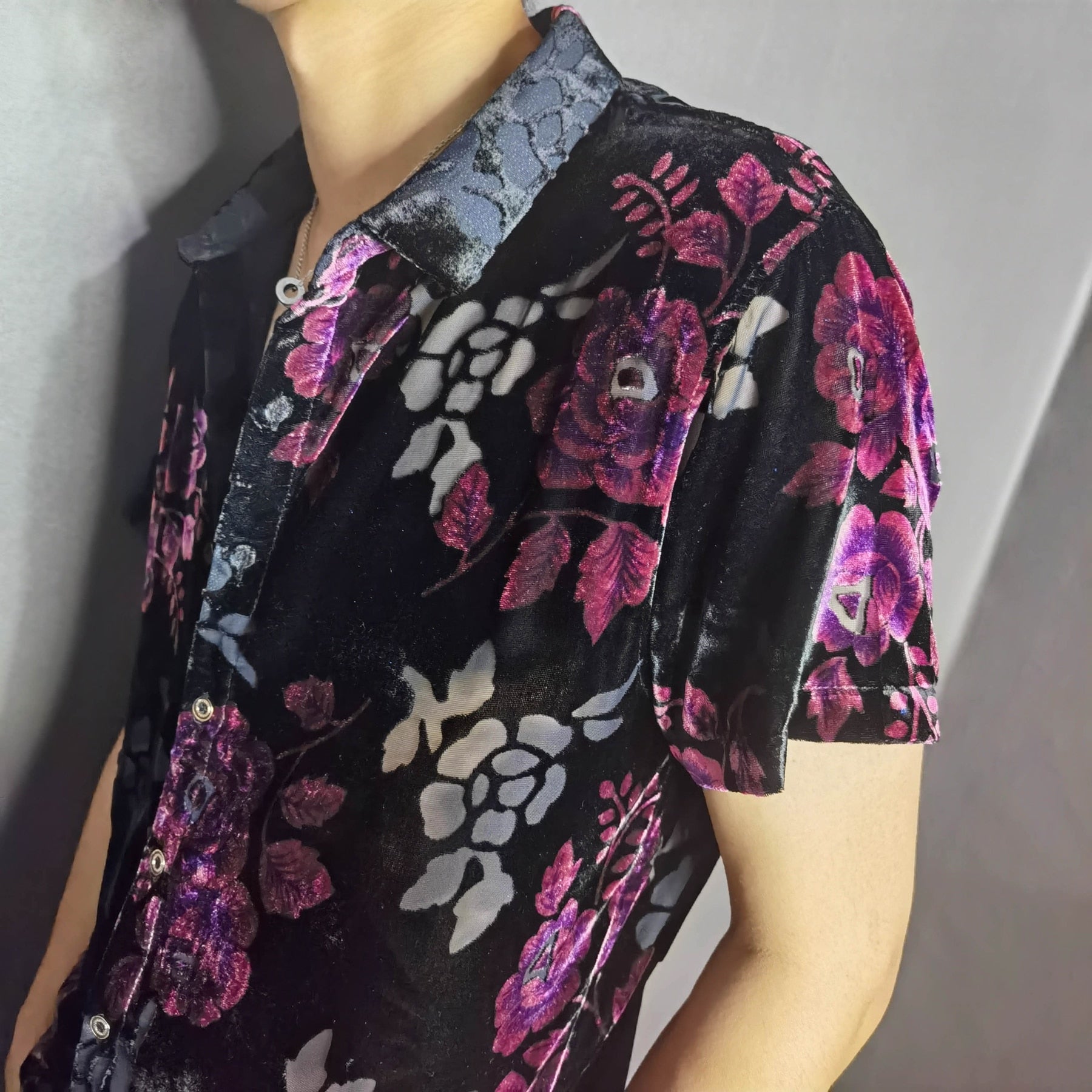 Transparent Purple Floral Masculine Velvet Shirt