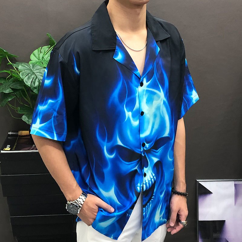 Blue Flame Skeleton Printing Shirt