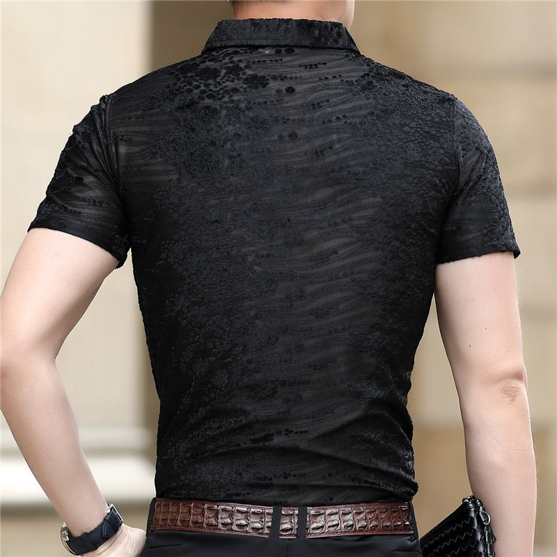 Burnout Floral Patterned Men Velour Semi Sheer Shirt