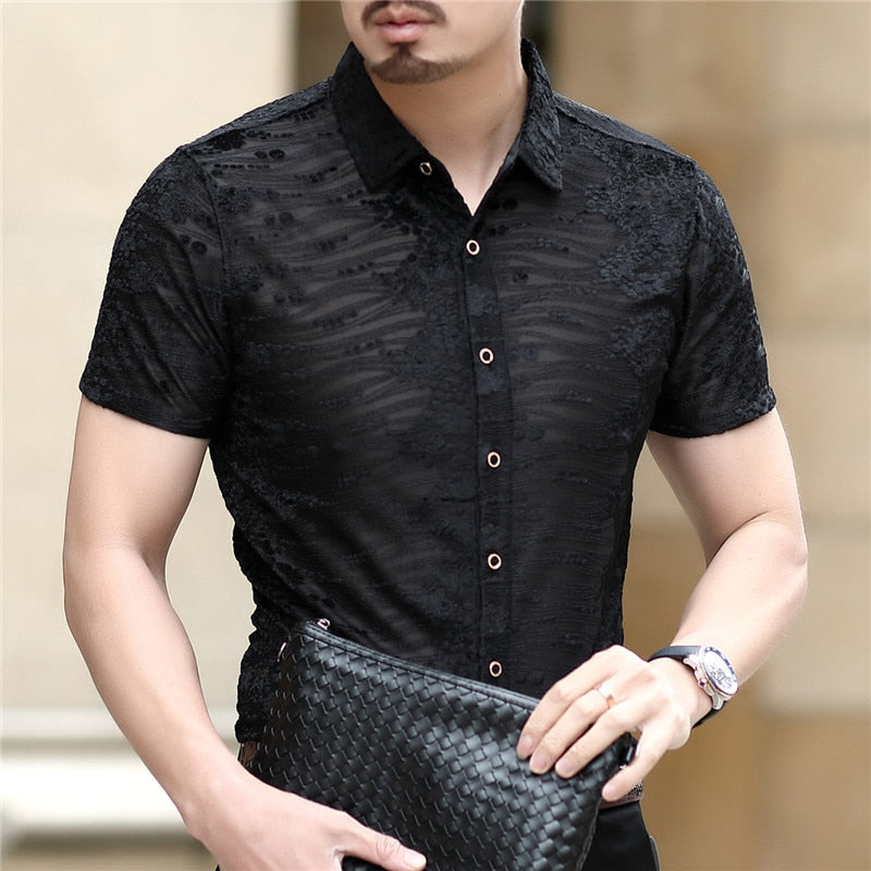 Burnout Floral Patterned Men Velour Semi Sheer Shirt