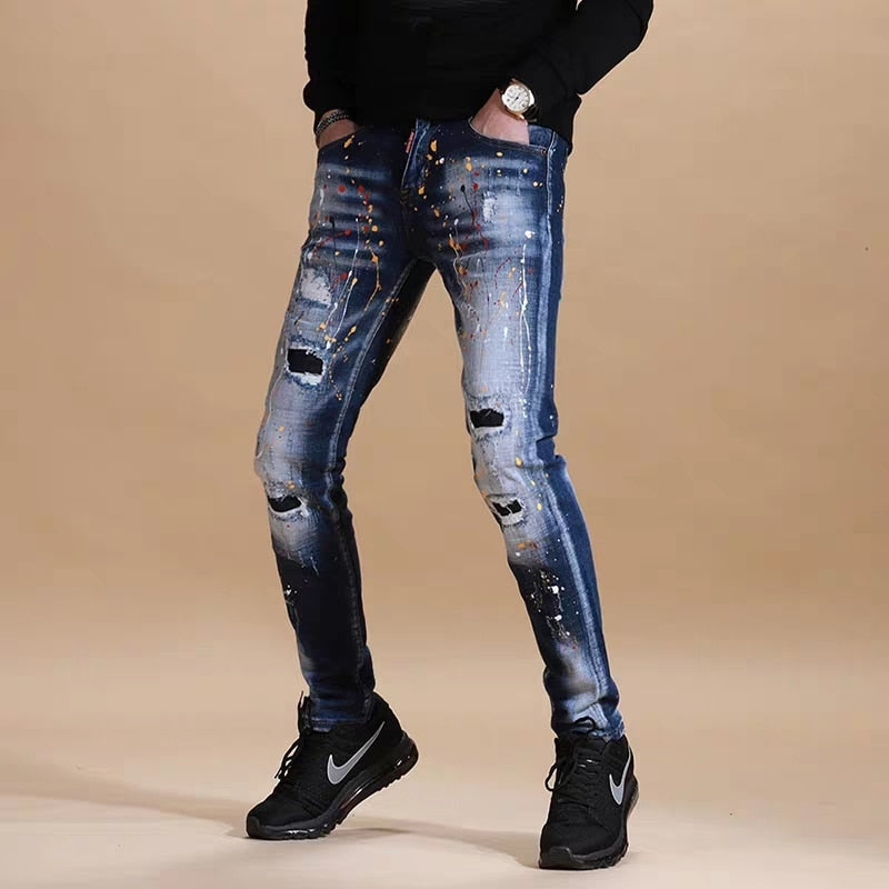 Paint Splatter Prints Men Ripped Effect Jeans