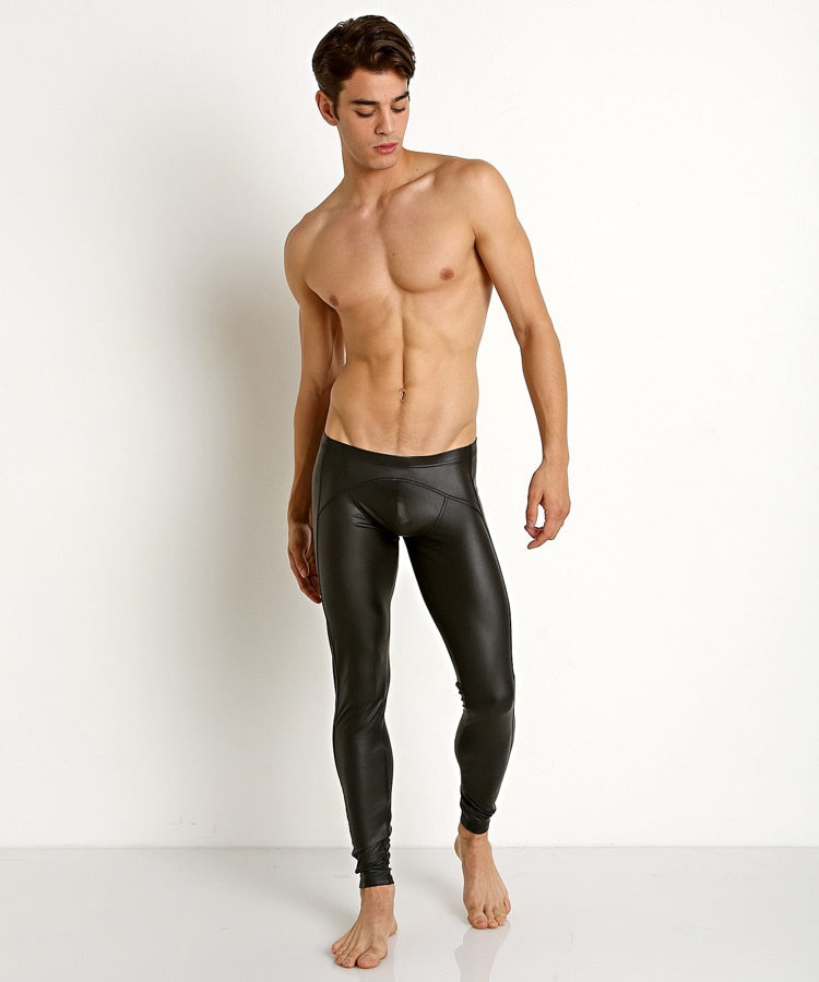 Classic Solid Black Faux Leather Long John Pants