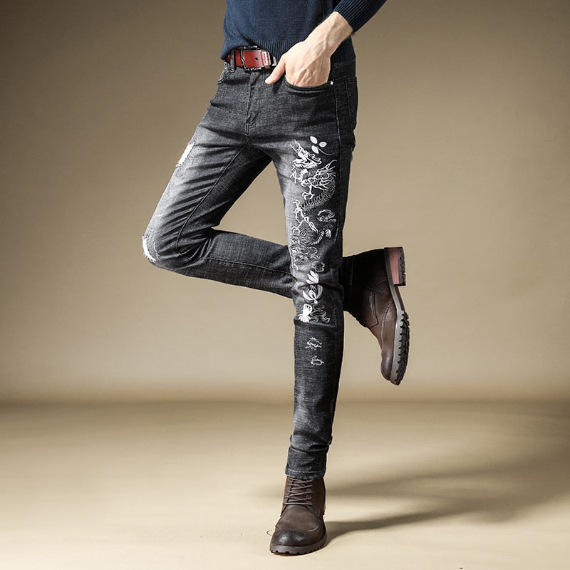 Dragon Monochrome Embroidery Men Tapered Leg Jeans