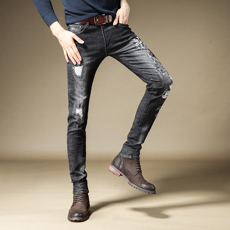 Dragon Monochrome Embroidery Men Tapered Leg Jeans
