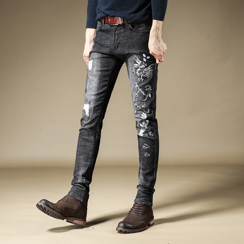 Dragon Monochrome Embroidery Men Tapered Leg Jeans