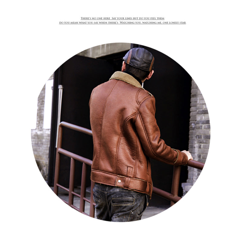 Vintage Biker Style Fleece/Faux Fur Lapel Men Faux Leather Jacket