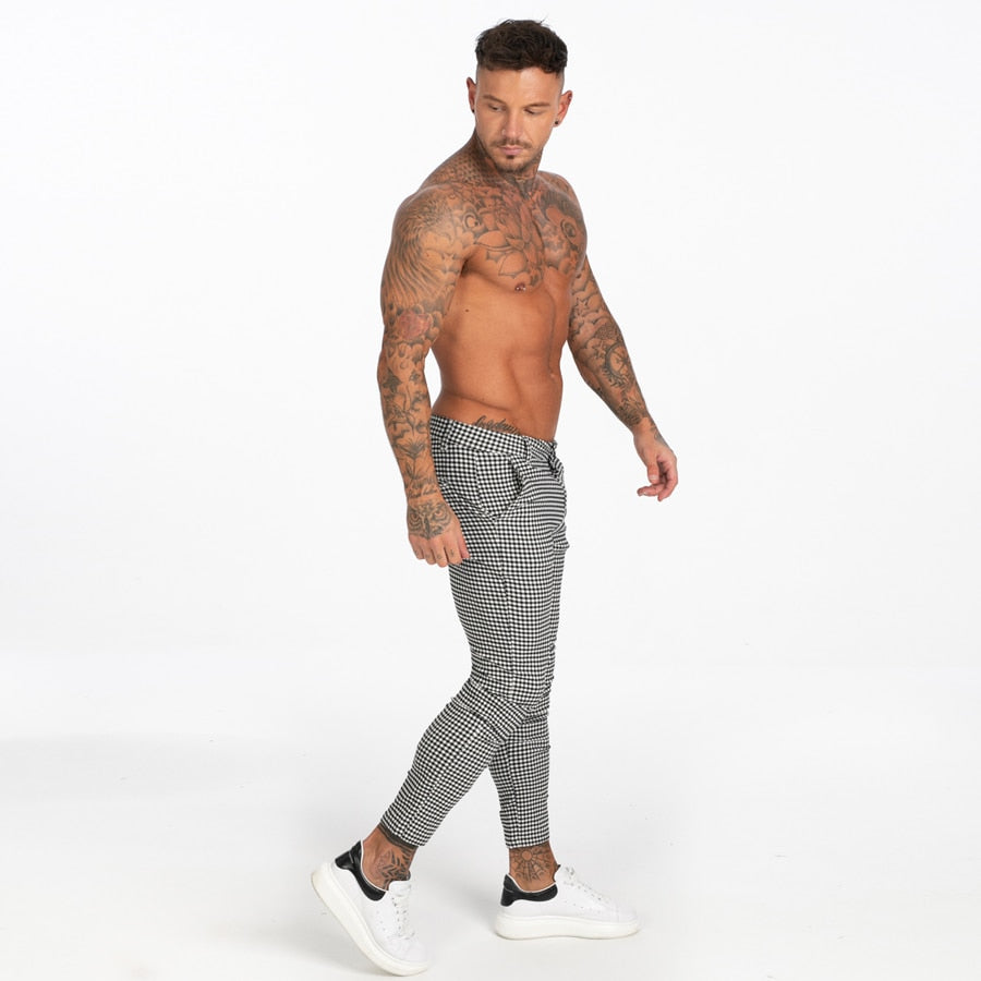 Cotton Stretch Skinny Fit Plaid Comfy Casual Style Men Pants