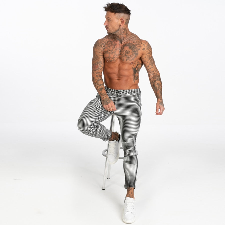 Cotton Stretch Skinny Fit Plaid Comfy Casual Style Men Pants